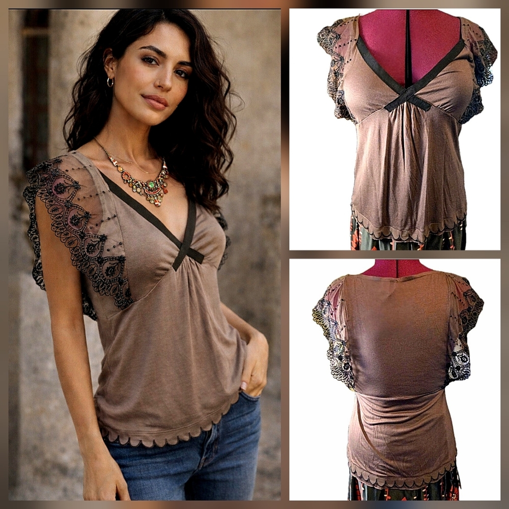 🌸 Ric Rac Milk Chocolate Modal Top with Lace Cap Sleeves & Scalloped Hem L
